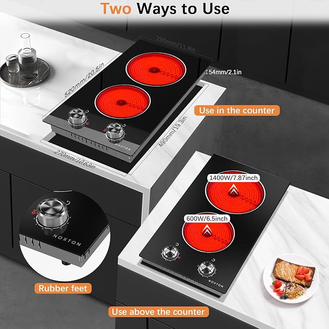 Noxton 110v Electric Cooktop 2 Burners, Plug in Electric Stove 12 Inch, Built-in or Above the Counter Use, 9 Power Level, Knob Control Ceramic Stovetop, Great for the Elderly