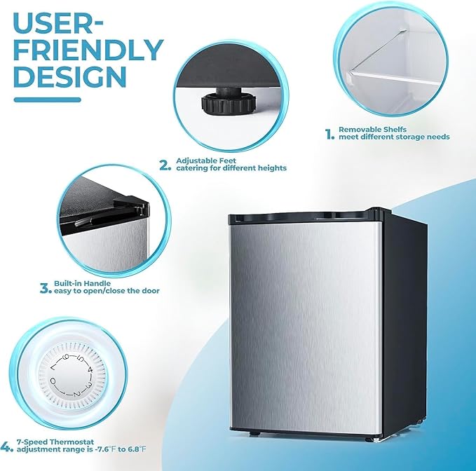 2.1 Cu.ft Small Freezer, Mini Upright Freezer with 7 Adjustable Thermostat, Removable Shelves, Reversible Single Door, for Bedroom/Home/Dorms/Apartment (Silver)