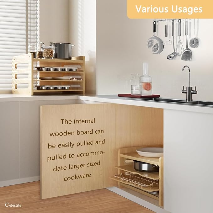 celestite Wooden Tray Dividers for Cabinets, Cookie Sheet Organizer for Cabinet, Baking Sheet Pan Organizer for Kitchen Organizers and Storage (4 Tier 12.4" Wx8.9 Hx16.7 D)