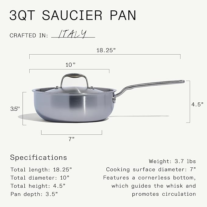 Made In Cookware - 3 Quart Stainless Steel Saucier Pan - 5 Ply Stainless Clad - Professional Cookware - Crafted in Italy - Induction Compatible