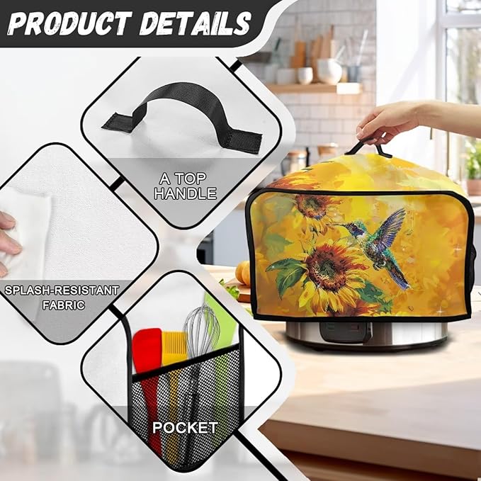 Sunflower Hummingbird Slow Cooker Dust Cover Holder - Rose Kitchen Appliance Cover with Pockets - Perfect for Holidays and Gifts