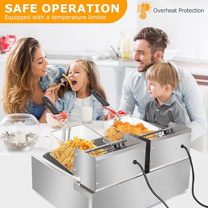 22.8QT/21.6L Commercial Deep Fryer with Basket and Lid, 5000W Electric Fryer, Countertop Oil Fryer for French Fries, Onion Rings, Donuts, Temperature Adjustable 140-392℉, Stainless Steel Double Tank