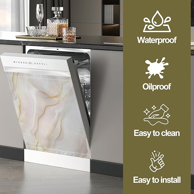 White Marble Magnetic Dishwasher Cover,Gold Lines Dishwasher Covers for The Front Magnetic Dishwasher Panel Decal Cover for Kitchen 23x26inch