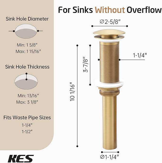 KES All-Metal Pop Up Bathroom Sink Drain, Extended Thread for Thicker Vessel Sinks & Countertops, Durable Brass & Stainless Steel, No Overflow, Brushed Gold, S2022D-BZ