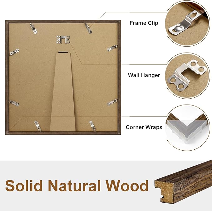 Vittanly 12x12 Picture Frame Set of 2, Solid Wood Frame for Wall Art Photo and Prints, Display Photo 8x8 with Mat or 12x12 without Mat, Brown