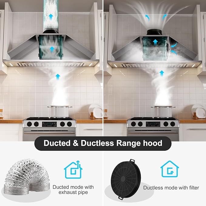 BRANO Range Hood Insert 36 Inch, 900 CFM Smart Voice/Gesture/Touch Control, 4 Speed Exhaust Fan, Stainless Steel Kitchen Hood with Charcoal Filter, Ducted/Ductless Convertible