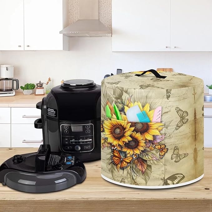 Sunflower Butterfly Print Pressure Cooker Cover for 3 Quart Instant Pot and Air Fryer Accessories, Stain Resistant Washable Round Protective Cover Electric Appliance Cover with Front Pocket