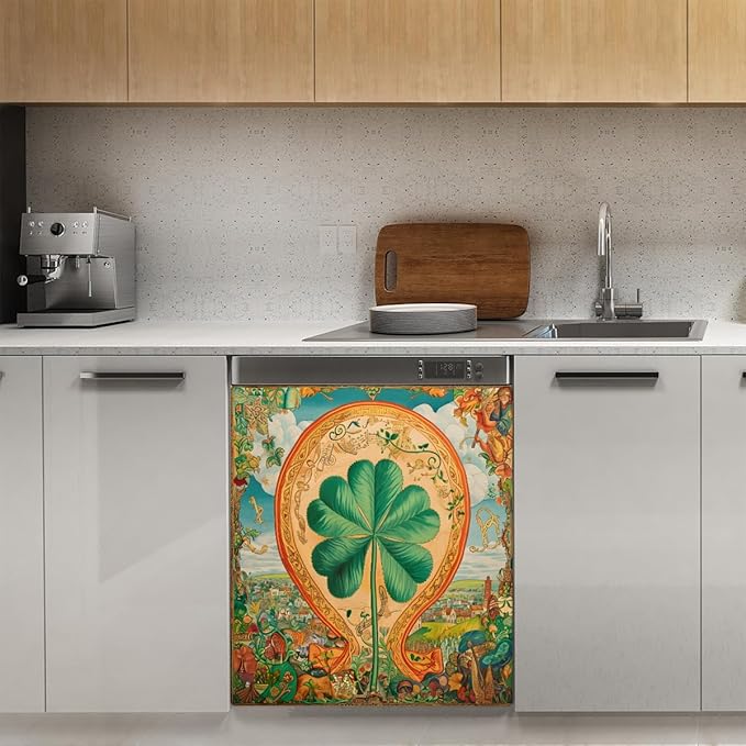 Clover Floral Vintage Colorful Dishwasher Magnet Cover, Reusable Refrigerator Panel Stickers Microwave Front Door Covers Magnets for Kitchen Home Appliances Holiday Party Decorations 23 X 26 in