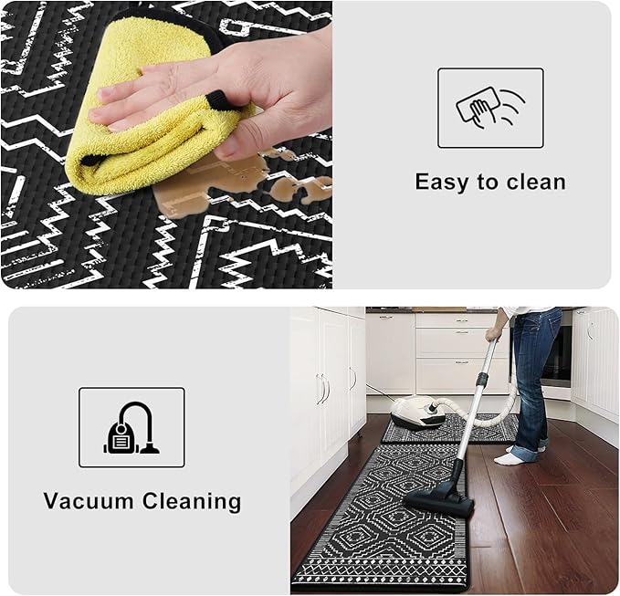 KIMODE Anti Fatigue Kitchen Mat,Black Boho Kitchen Rugs Non Slip Sets of 2,Kitchen mats for Floor Cushioned,Morocco Geometric Memory Foam Cushioned Standing Mats for Sink,Laundry,Office
