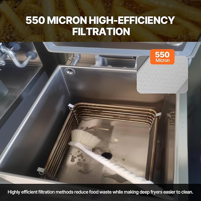 Commercial TK45 Deep Fryer Filter, 13.5" x 13.5" 304 Stainless Steel Filter Screen with Thermometer, Extend Oil Life by 40%, 550 Micron Skimmer Fryer Strainer for Kitchens & Restaurants
