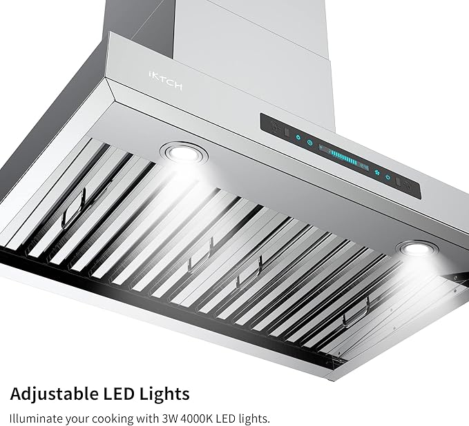 IKTCH 36 Inch Wall Mount Range Hood with 900 CFM, 4-Speed Fan, Ducted Range Hood, Gesture Sensing & Touch Control, Durable Stainless Steel IKP01-36