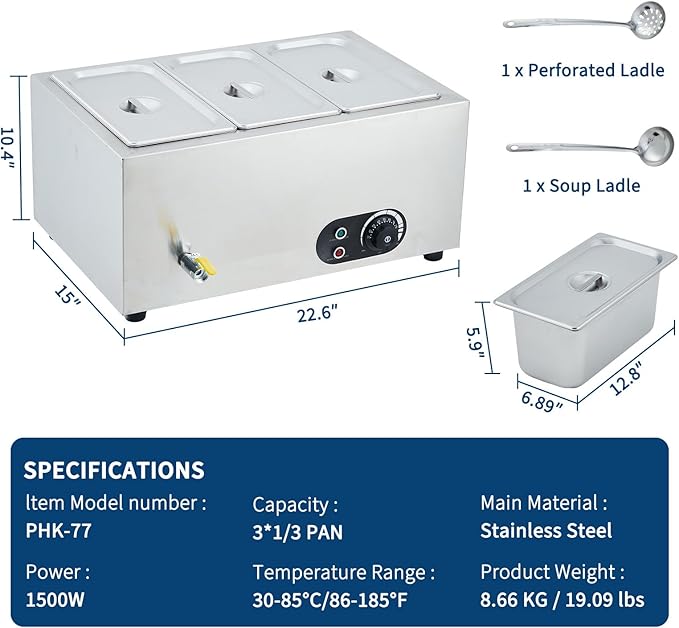 Commercial Food Warmer Stainless Steel 1500W Electric Buffet Server Bain Marie,3-Pan Catering Hot Food Station for Restaurants, Hotels, Banquets