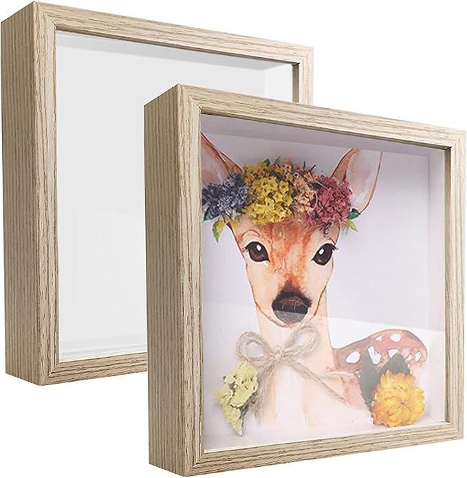 5x5 Small Shadow Box Frame Display Case, Wood with Plexiglass, Display Case Box for Memorabilia, Medal, Crafts,Tickets and Photos, Picture Frame for Wall and Tabletop (5x5, 2pcs-Natural Wood)