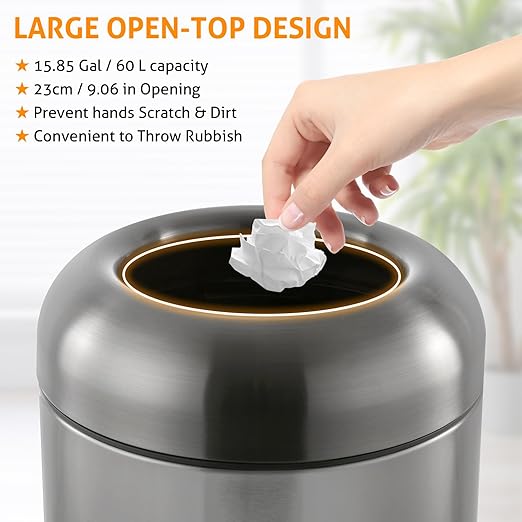 WICHEMI 16 Gallon Commercial Large Trash Can, Bullet Outdoor Trash Bin with Open Top Lid, Brushed Stainless Steel Garbage Can, Dark Silver