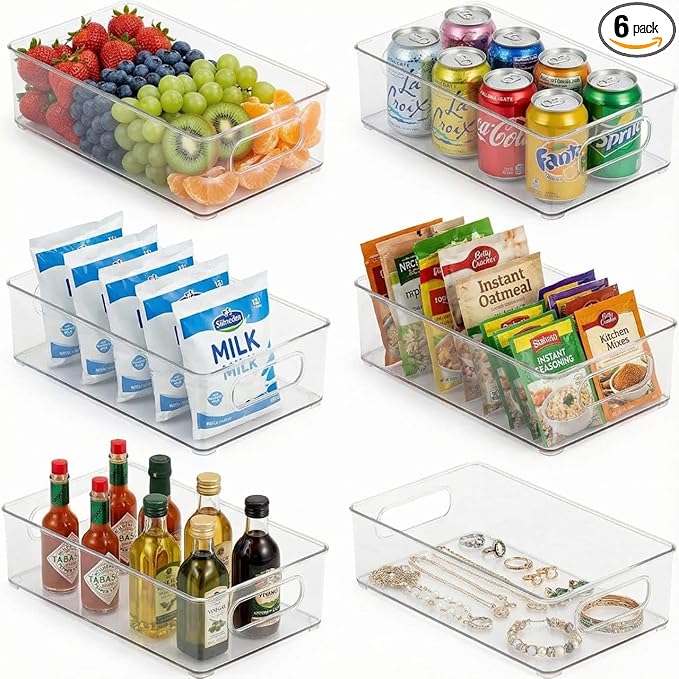 Four Flowers 6 Pack Clear Plastic Storage Bins with Handles, Pantry, Fridge, Kitchen, Cabinet, Bathroom, Closet, Freezer & Laundry Room Organizer Bins for Home Storage