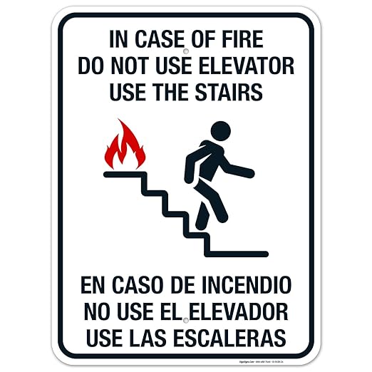 in Case of Fire Do Not Use Elevator Use The Stairs Bilingual Sign, Fire Safety Sign, 18x24 Inches, Rust Free .063 Aluminum, Fade Resistant, Indoor/Outdoor Use, Made in USA