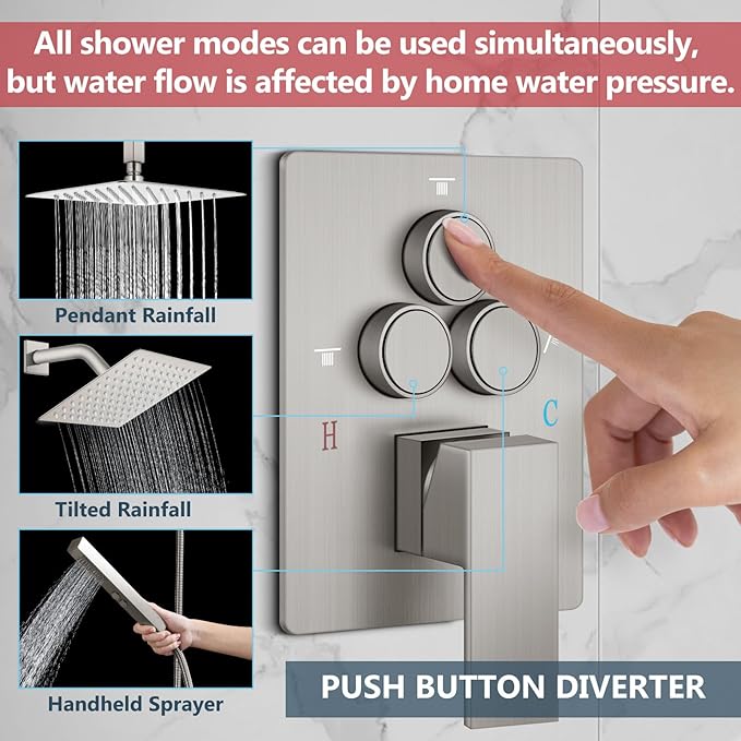 Aolemi Shower Faucet Set Ceiling Mount Shower System Rough-in Valve and Shower Trim Kit 2 in 1 Handheld Spray Push Button Diverter 10 and 6 Inch Dual Shower Head Brushed Nickel