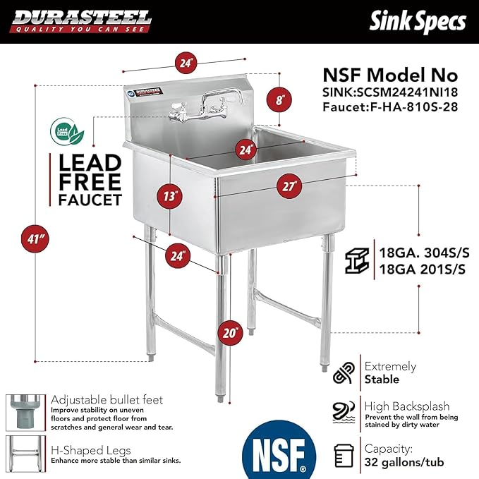 DuraSteel 304 Stainless Steel Utility Sink - 24 Inch Restaurant Prep Sink with Faucet - Dual CEC & NSF Certified Freestanding Wash Station for Kitchen, Laundry, Garage