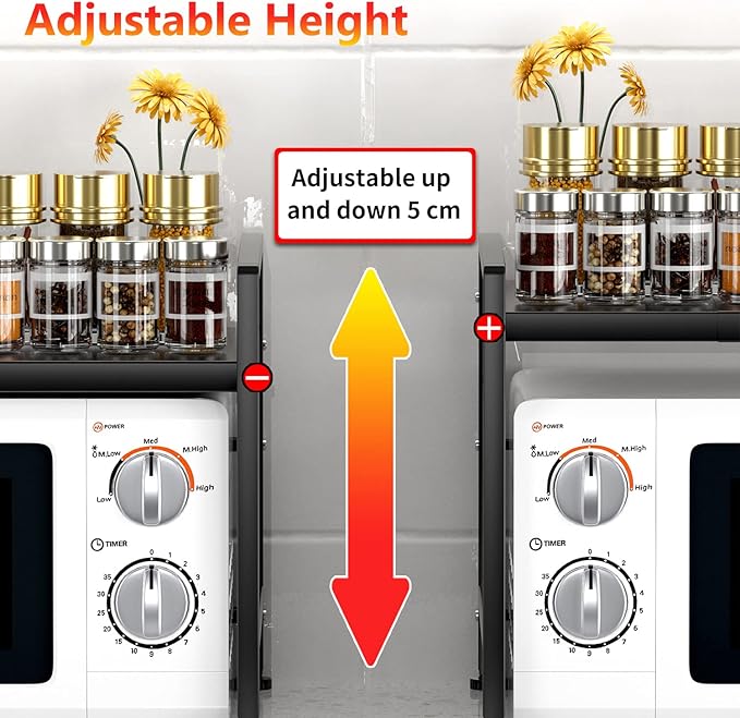 Extendable Microwave Oven Rack - Adjustable Kitchen counter shelf, 2 Tier Microwave Stand (L15.7~23.6" xW12.8 xH17.7) with 6 Hooks for Kitchen Countertop Organizer (Black)