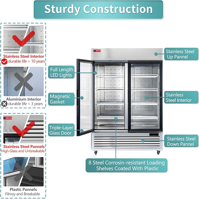 WESTLAKE 54" W Commercial Display Freezer 2 Glass door 49 Cu.ft Stainless Steel Merchandiser Reach-in Upriht Fan Cooling Digital Temperature Control Display Freezer for Restaurant, Bar, Shop, etc