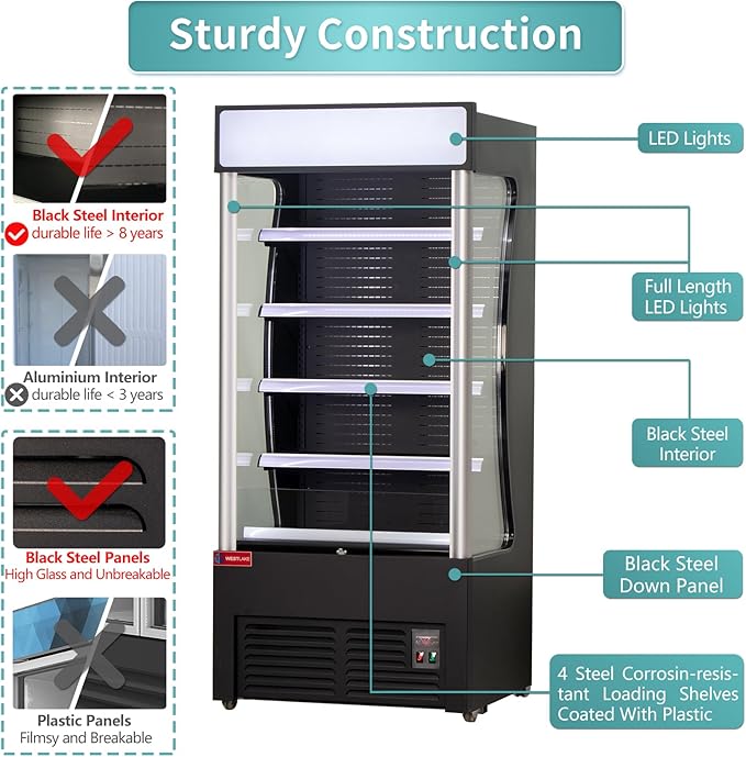 WESTLAKE Open Air Merchandiser Commercial Refrigerator with Lighting and Night Curtain 25.5 Cu.ft 35.4” W 32.5" D Upright Fan Cooling Display Cooler for Stores, Supermarkets, Bar, Shops, etc