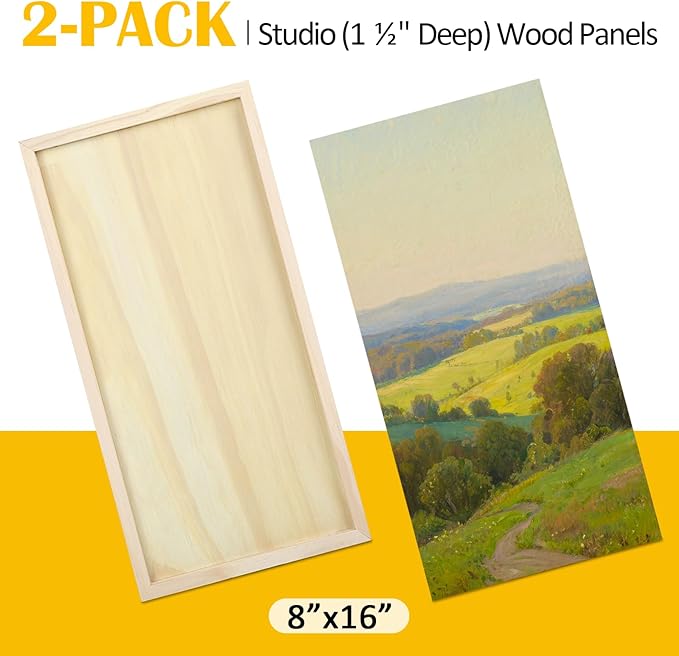 Falling in Art 2 Pack Unfinished Wooden Canvas Panels, 8x16 Gallery Birch Wood Panels Kit, 1 1/2" Deep Art Cradle Boards for Acrylic Painting, Pouring and Burning