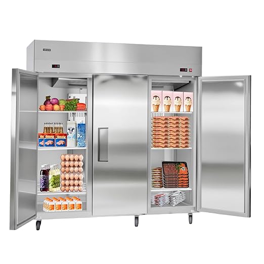 VEVOR Commercial Refrigerator and Freezer Combo 72"W, 51 Cu.Ft Stainless Steel Upright Freezer/Refrigerator with Three Doors, Auto-Defrost, 9 Adjustable Shelves, UL Certified