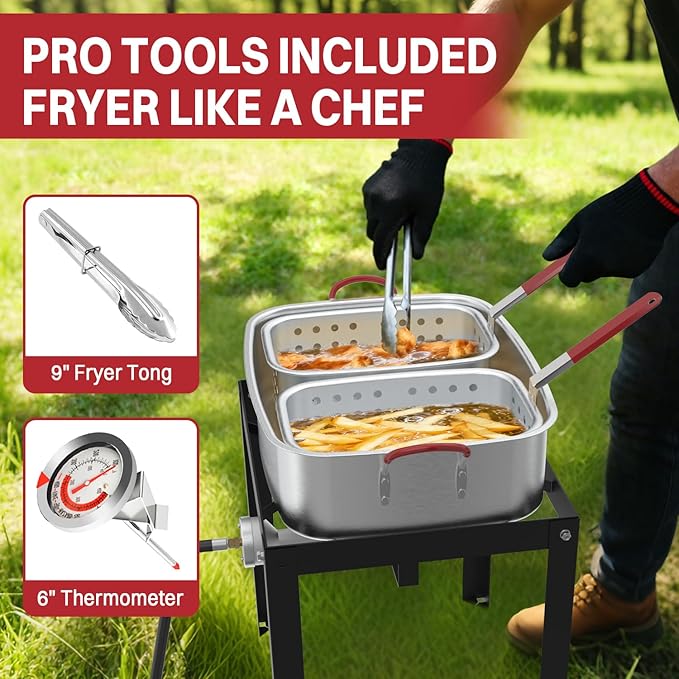 18QT Outdoor Propane Deep Fryer | Include 2 Baskets | Lid | 9" Fryer Tong | 6" Thermometer | Fish Fryer Pot with 50,000 BTU Propane Burner | Ideal for Fish, Chicken Wings & French Fries