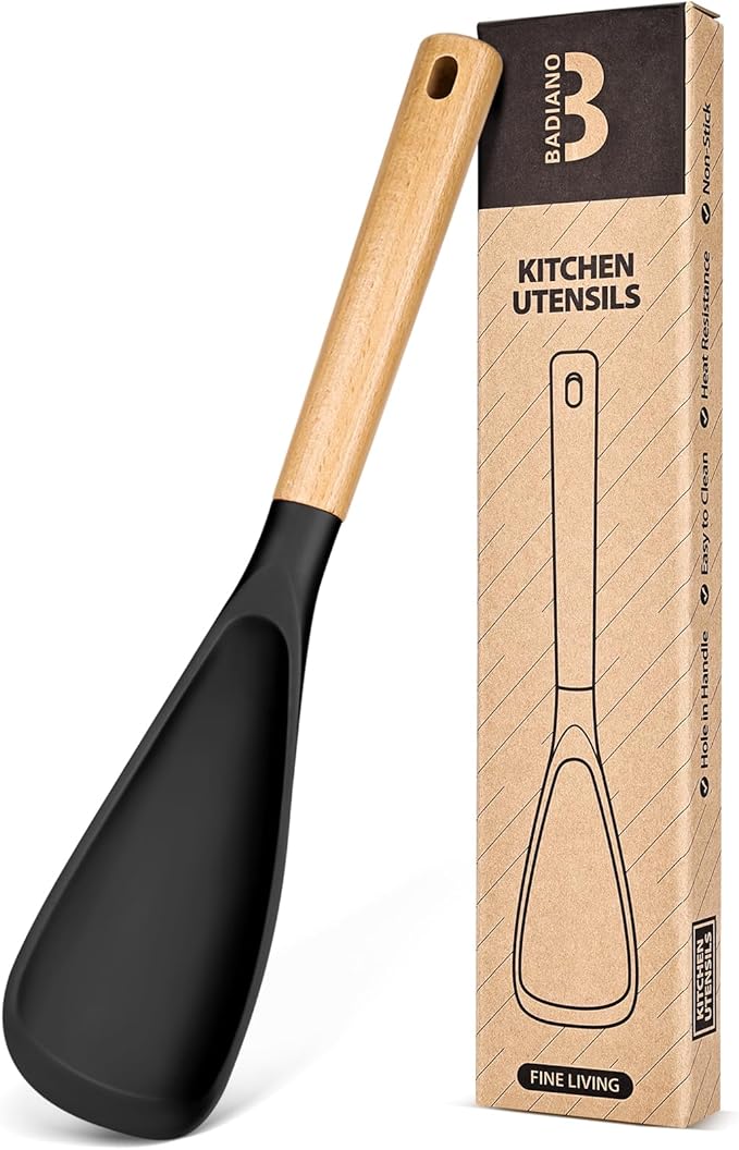 Cooking Spoon for Nonstick Cookwares, Great for Cooking and Serving Sturdy BPA-Free Matte Silicone, Wood Handle Spoon for Mixing, Scoop, and Scrape (BLACK, 13.4 inch)