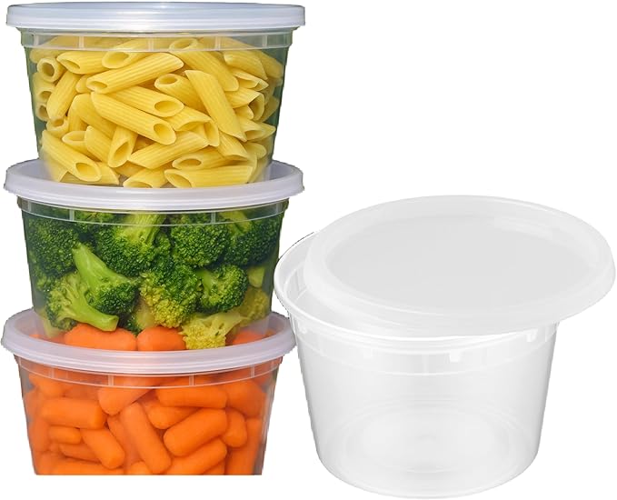 16oz [100 set] Heavy Duty Plastic Deli Container | BPA-Free Food Storage with Airtight Leak‑Proof Lids | Microwave, Freezer & Dishwasher Safe – Stackable, Bulk Reusable Soup & Meal Prep Tub