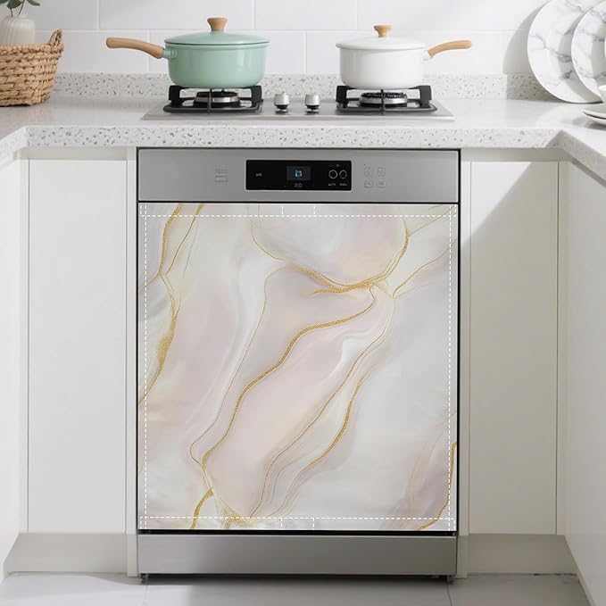 White Marble Magnetic Dishwasher Cover,Gold Lines Dishwasher Covers for The Front Magnetic Dishwasher Panel Decal Cover for Kitchen 23x26inch