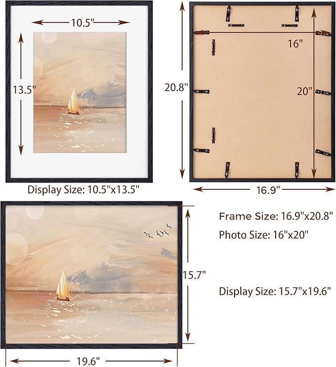 Fun Memories 16x20 Picture Frame - Black Oak Wood Poster Frame with Mat for 11x14, Tempered Glass, Easy to Hang
