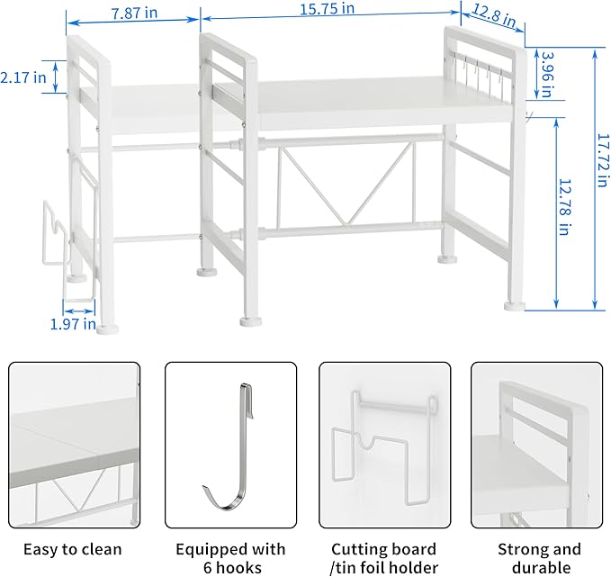Extendable Microwave Oven Rack - Adjustable Kitchen counter shelf, 2 Tier Microwave Stand (L15.7~23.6" xW12.8 xH17.7) with 6 Hooks for Kitchen Countertop Organizer (White)
