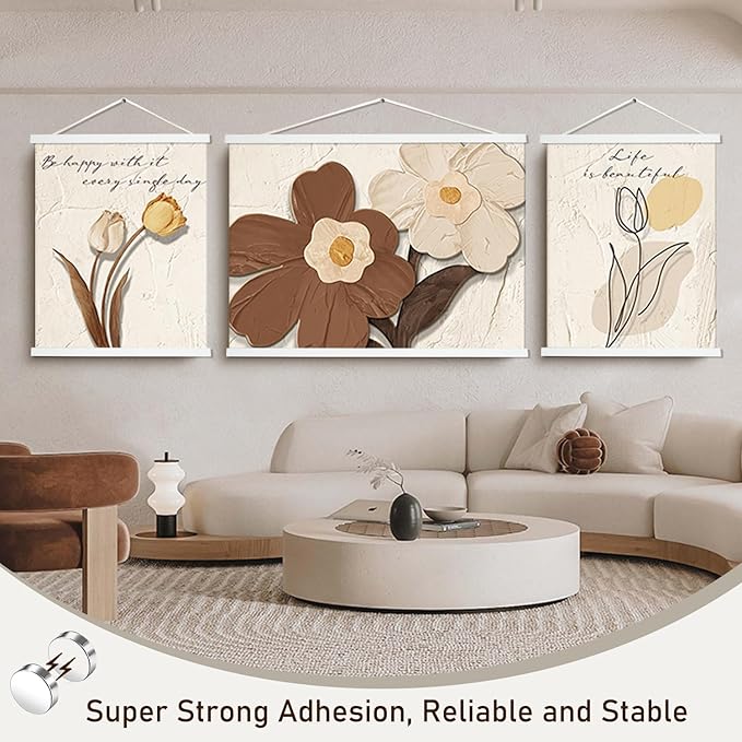 Artmag 2 Pack Magnetic Poster Hanger Frame, 12x18 12x16 12x24 Light Wood Wooden Magnet Canvas Artwork Print Dowel Poster Hangers Frames Hanging Kit (White, 12",2 Packs)