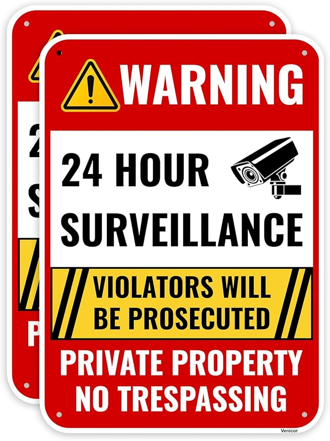 2PC 24 Hour Surveillance Sign, 14 x 10 Inches - Aluminum - Private Property No Trespassing - Security Camera Metal Warning Sign