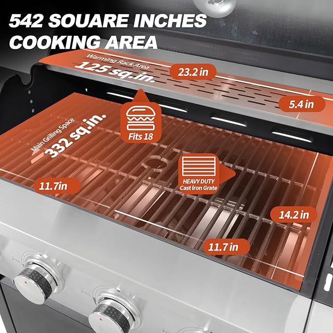 4-Burners Propane Gas Grill with Side Burner & Thermometer, Stainless Steel Propane Grill for Outdoor BBQ and Camping, Patio Backyard Barbecue, 42000 BTU Output