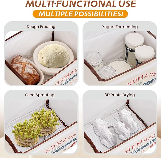 Bread Proofing Box with Heater, 50-130℉ Constant Temp Dough Proofer, 3-Sided Heating & 24H Timer, Foldable Fermentation Box for Sourdough Starter, Pizza Dough, Yogurt