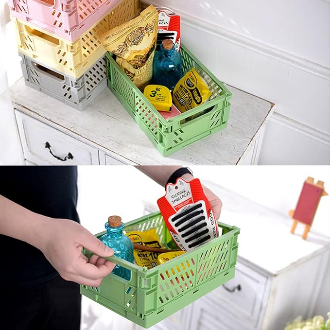 Xhwykzz 4 Pack Pastel Crates for Storage, Plastic Folding Basket, Colorful Small Storage Containers for Bedroom Office Classroom Bathroom Desktop Drawer Organizer Decor (9.8x6.5x3.8inch)