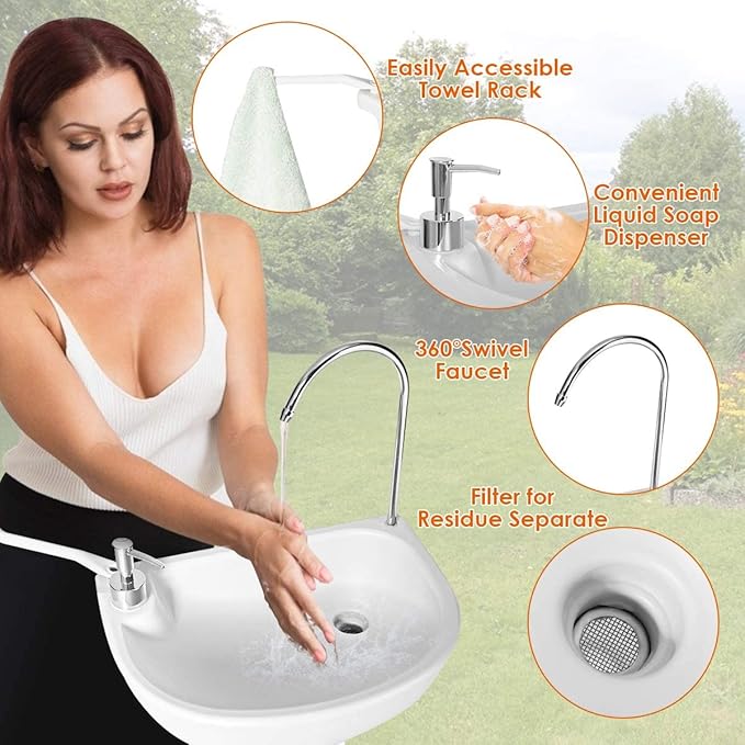S AFSTAR Portable Camping Sink, Hand Wash Basin Stand w/ 17L Water Tank & Soap Dispenser, Rolling Hand Washing Station w/Towel Holder & Foot Pump, for Garden, Outdoor Sink Hand Wash Station