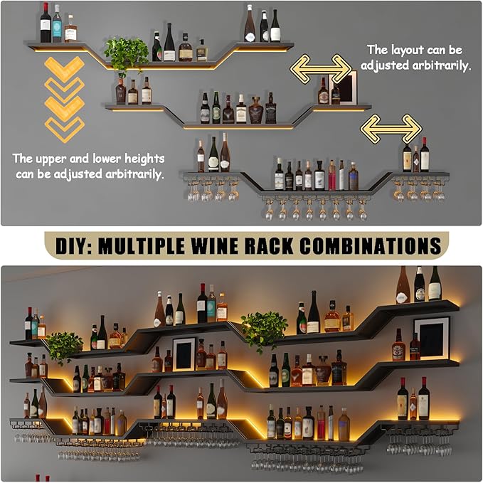 70.8in Modern LED Wine Rack Wall Mounted, 3-Tier Floating Bar Shelves with Wine Glass Rack, Large Hanging Liquor Shelf Wall Mounted, for Home Bar Dining Room Cafe Decorative (Black, 70.8in/180cm)