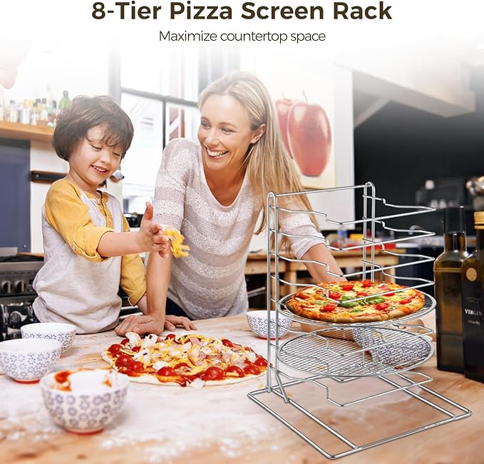 8 Tier Pizza Rack With 8 Perforated 12 Inch Perforated Pizza Pans with Holes, 16.7'' H x 12'' L x 12'' W Stainless Steel Pizza Pan Rack Holder for Buffet Table, Easy Storage Multiple Pizzas (8 Tier)