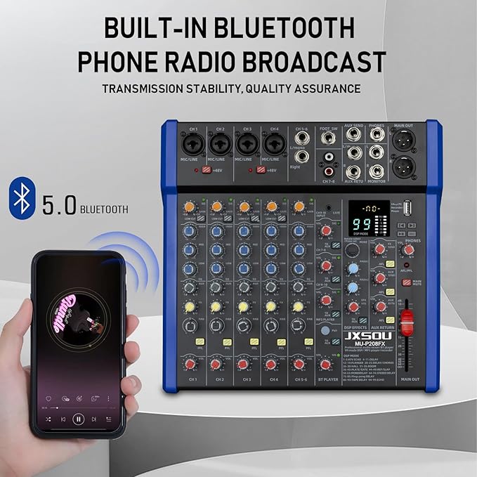 Audio Mixer, 10-Channel DJ Mixer Bluetooth Studio Mixing Board Audio with 99 DSP Effects USB Drive+48V Phantom Power, XLR Microphone Jack Professional Mixer For Karaoke Studio Streaming