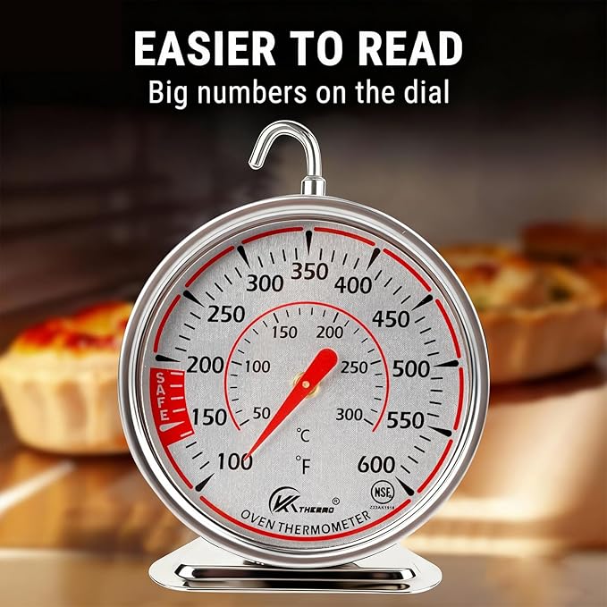 Oven Thermometer 2.4 Inch Oven Temperature Gauge with 360° Rotating Hook Baking Thermometer Hang or Stand Design 50-300°C/100-600°F for Gas/Electric Ovens, Grill, BBQ