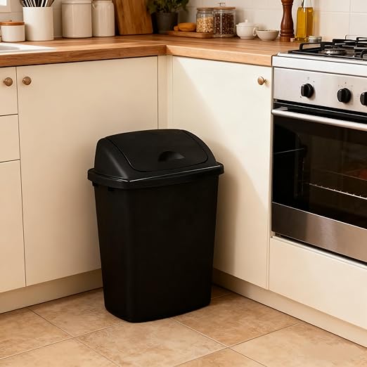 10 Gallon Plastic Garbage Bin with Lid, Swing Top Waste Container, Kitchen Trash Can with Swing Lid, Black, 4 Packs