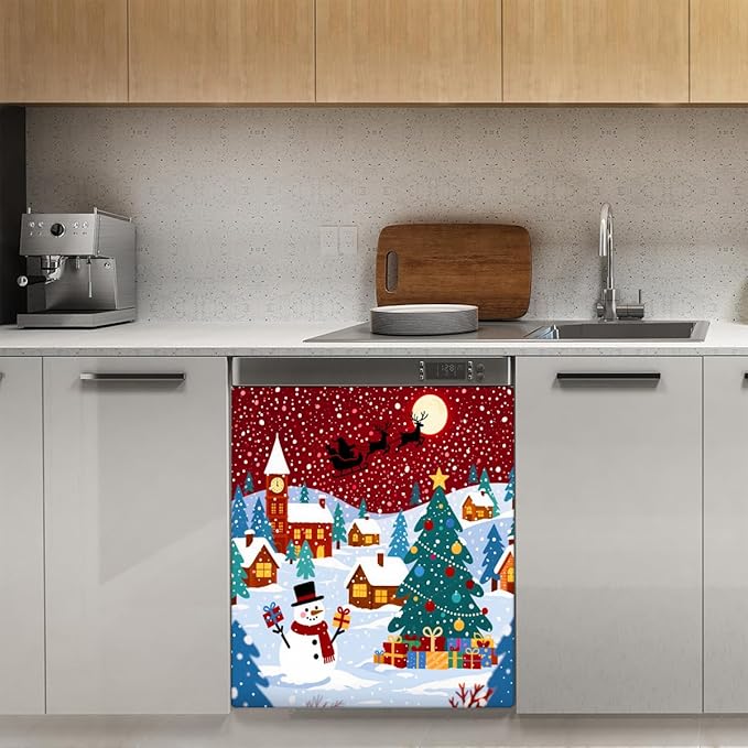 Christmas Night Dishwasher Magnet Cover, 23" W x 26" H Fridge Magnetic Stickers Reuseable Magnet Panel Decal Cover for Washing Machine Fridge Microwave Cabinet Kitchen Christmas Decoration