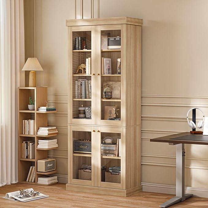 70.8" Tall Farmhouse Bookshelf, Modular Bookcase with Glass Doors, 6-Tier Adjustable Shelves, Large Storage Cabinet for Kitchen, Living Room, Brown, Set of 4