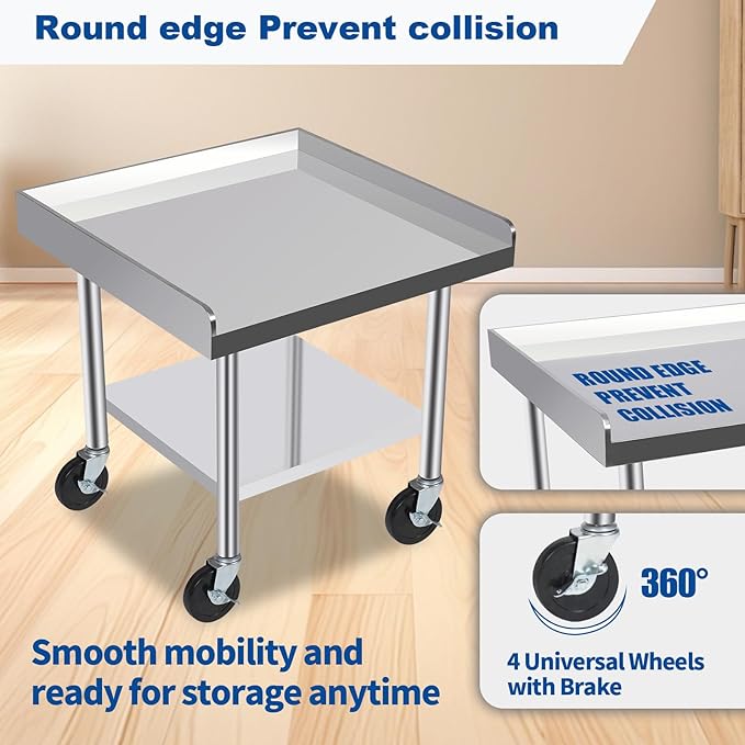 Commercial-Grade Stainless Steel Workstation Table with Under Shelf & Lockable Casters (24"x24"x24")