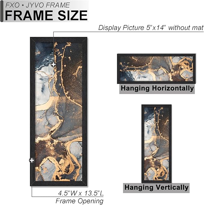 Engineered Wood 5x14 Picture Frame Set of 2, Black Frame for 5 x 14 Inch Picture Poster Photo, Light Weight 5 by 14 Frame with Wood-grain for Wall - 2 Pack/Black/5"x14"