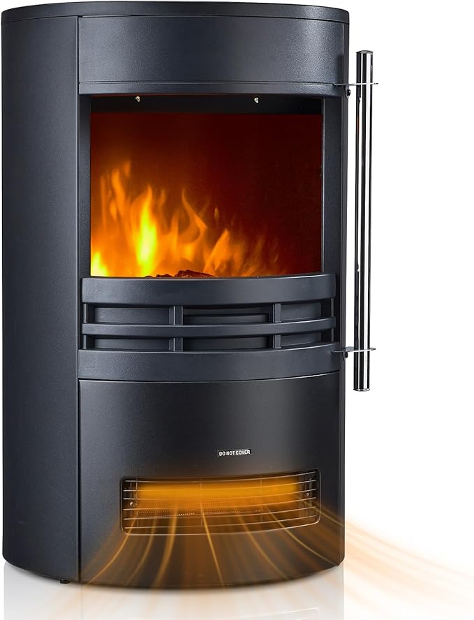 Freestanding Electric Fireplace Stove, 1500W Heater with Realistic 3D LED Log Flame, Adjustable Thermostat, 2 Heat Settings, Overheat Protection, Black Cast Iron Design for Indoor Use
