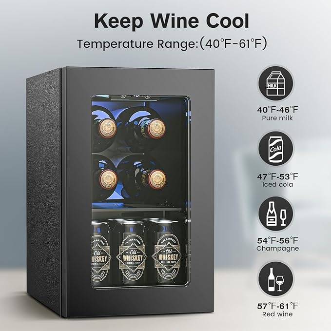 Wine Cooler Refrigerator with Glass Door, Mini Wine Fridge for Red, White and Champagne, Built-in Wine Cellar, 40-61F Digital Temperature Control, Indoor Use